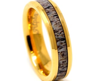 Tungsten Deer Antler Inlay Ring, Yellow Gold Real Deer Antler Men's Wedding Band, Anniversary Gift, 6MM Comfort Fit Ring