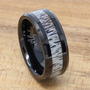 Black Tungsten Wedding Band, Real Deer Antler Inlay, Mens Personalized Ring, Free Custom Engraving, 8MM Black Ring, Comfort Fit image 1