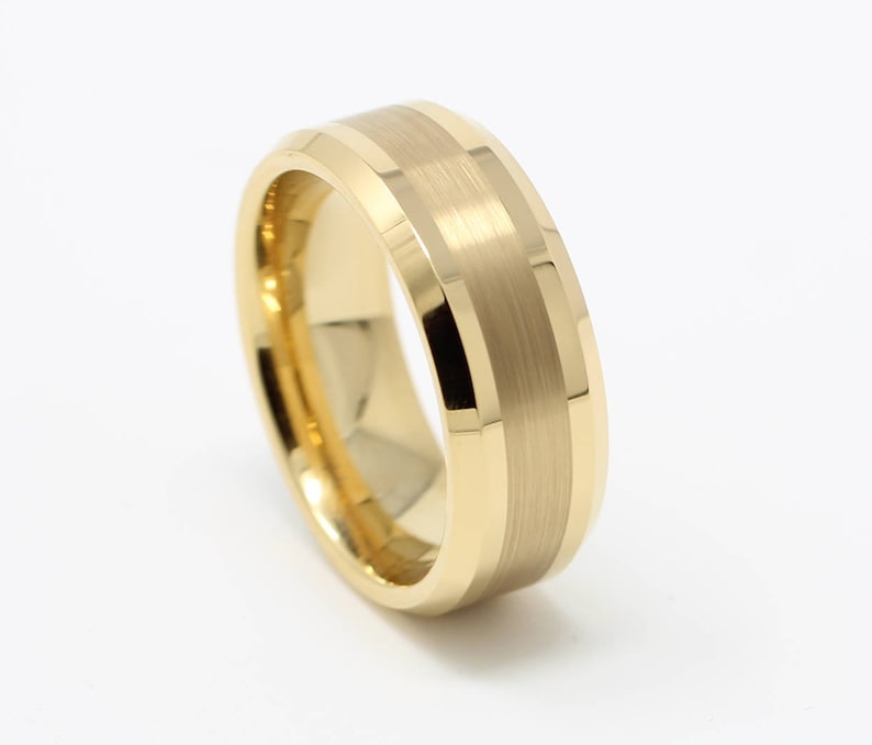 Yellow Gold Tungsten Mens Wedding Band, Satin Finish, 8MM, Free Custom Engraving, Comfort Fit Design, Sizes 7-14 image 1