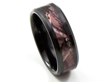 Black CAMO Tungsten Carbide Wedding Band, Men's Ring, Hunting "Real Tree" Camo Design, Unique Wedding Bands, Black Tungsten Comfort Fit 8MM