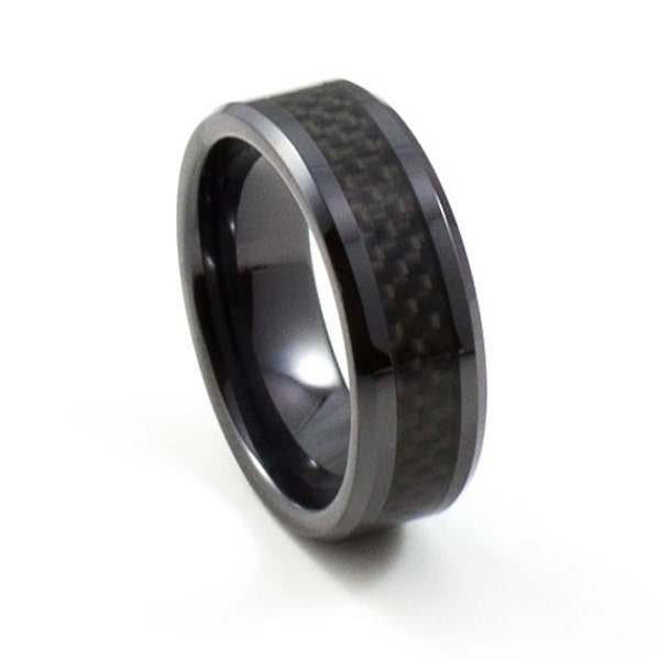 Schlank schwarzer Keramikring mit Carbon Fiber Inlay, Men es Wedding Band, Comfort Fit, 8MM