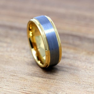 Gold and Silver Tungsten Mens Wedding Band, Brushed Inlay, Beveled Edges, Comfort Fit Design, 8MM Wedding Ring image 2