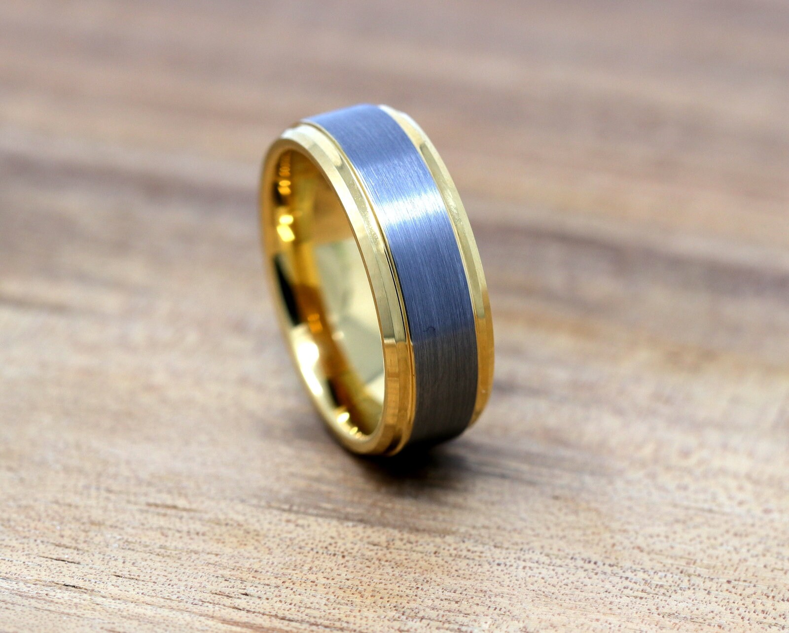 Gold and Silver Tungsten Mens Wedding Band Brushed Inlay - Etsy