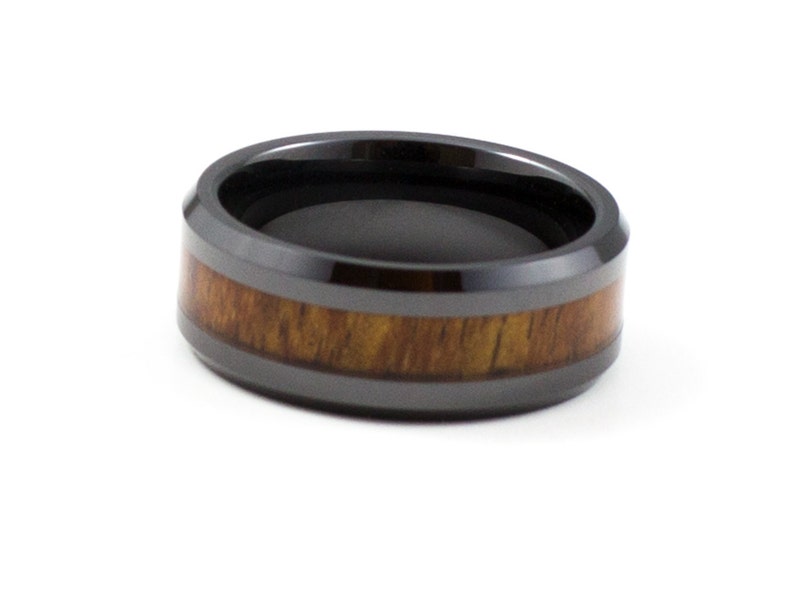 Stylish Black Koa Wood Men's Wedding Band, 8MM, Men's Ring, Black Ceramic Ring, Comfort Fit, Hawaiian Koa Wood image 2