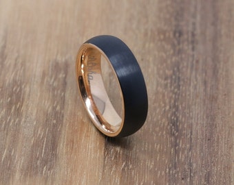 Mens Wedding Band 6MM Brushed Matte Black Tungsten with Rose Gold Inner Liner, Comfort Fit, Sizes 6-13