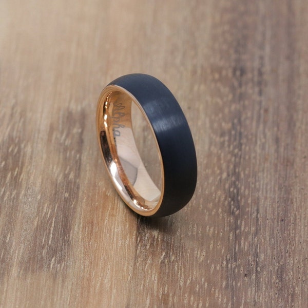 Mens Wedding Band 6MM Brushed Matte Black Tungsten with Rose Gold Inner Liner, Comfort Fit, Sizes 6-13