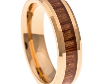 Men's Wedding Band, Rose Gold Hawaiian Koa Wood Inlay 6MM. Tungsten Carbide Men's Ring, Sizes 6-14