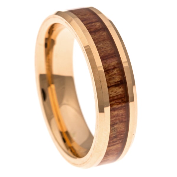 Men's Wedding Band, Rose Gold Hawaiian Koa Wood Inlay 6MM. Tungsten Carbide Men's Ring, Sizes 6-14