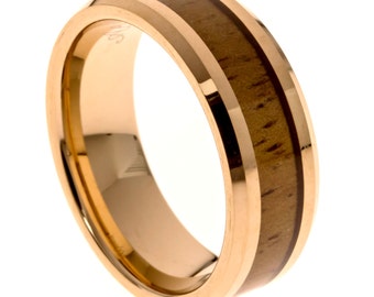 Rose Gold Men's Wedding Band, Hawaiian Koa Wood Inlay Tungsten Carbide Ring,  8MM Comfort Fit, Sizes 7 - 13.5