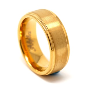 Tungsten Wedding Band, Yellow Gold 8MM Men&#39;s Wedding Ring, Comfort Fit, Free Engraving, Men&#39;s Gold Wedding Band