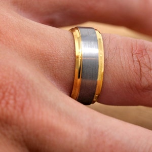 Gold and Silver Tungsten Mens Wedding Band, Brushed Inlay, Beveled Edges, Comfort Fit Design, 8MM Wedding Ring image 3