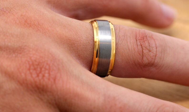 Gold and Silver Tungsten Mens Wedding Band, Brushed Inlay, Beveled Edges, Comfort Fit Design, 8MM Wedding Ring image 3