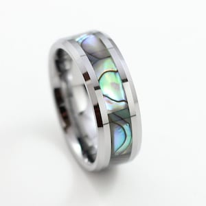 Men's Abalone Shell Tungsten Carbide Wedding Band, Engagement Ring, Comfort Fit, Free Engraving, Sizes 7-13
