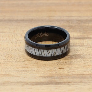 Black Tungsten Wedding Band, Real Deer Antler Inlay, Mens Personalized Ring, Free Custom Engraving, 8MM Black Ring, Comfort Fit image 2