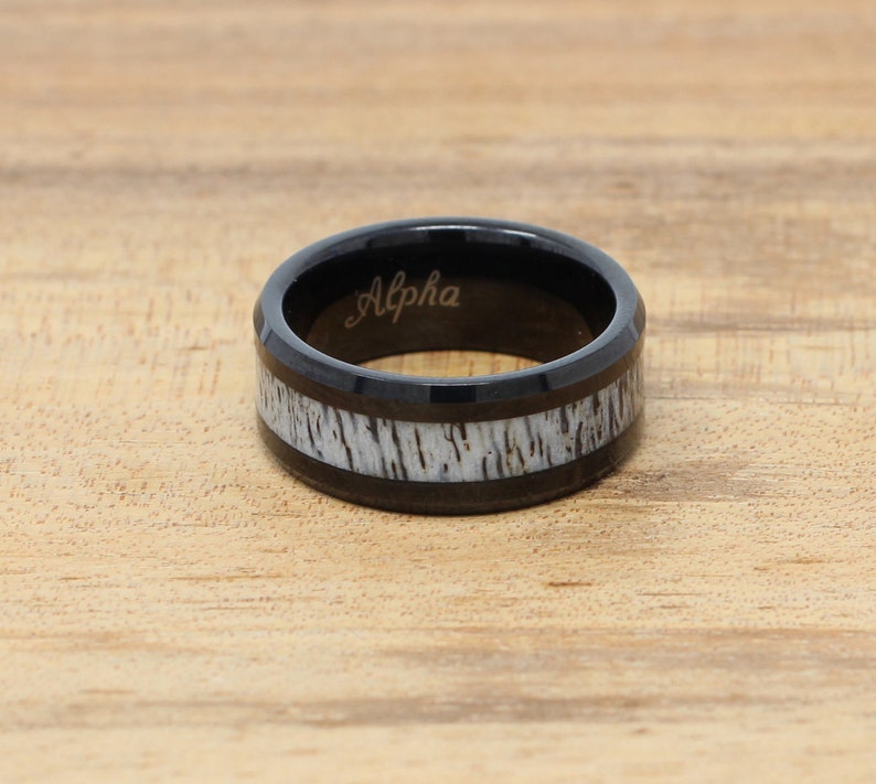 Black Tungsten Wedding Band, Real Deer Antler Inlay, Mens Personalized Ring, Free Custom Engraving, 8MM Black Ring, Comfort Fit image 2