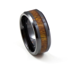Stylish Black Koa Wood Men's Wedding Band, 8MM, Men's Ring, Black Ceramic Ring, Comfort Fit, Hawaiian Koa Wood image 1