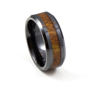 Stylish Black Koa Wood Men&#39;s Wedding Band, 8MM, Men&#39;s Ring, Black Ceramic Ring, Comfort Fit, Hawaiian Koa Wood