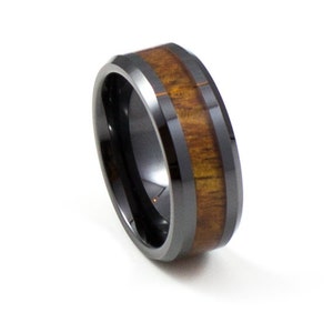 Stylish Black Koa Wood Men's Wedding Band, 8MM, Men's Ring, Black Ceramic Ring, Comfort Fit, Hawaiian Koa Wood