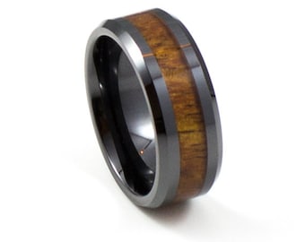 Stylish Black Koa Wood Men&#39;s Wedding Band, 8MM, Men&#39;s Ring, Black Ceramic Ring, Comfort Fit, Hawaiian Koa Wood