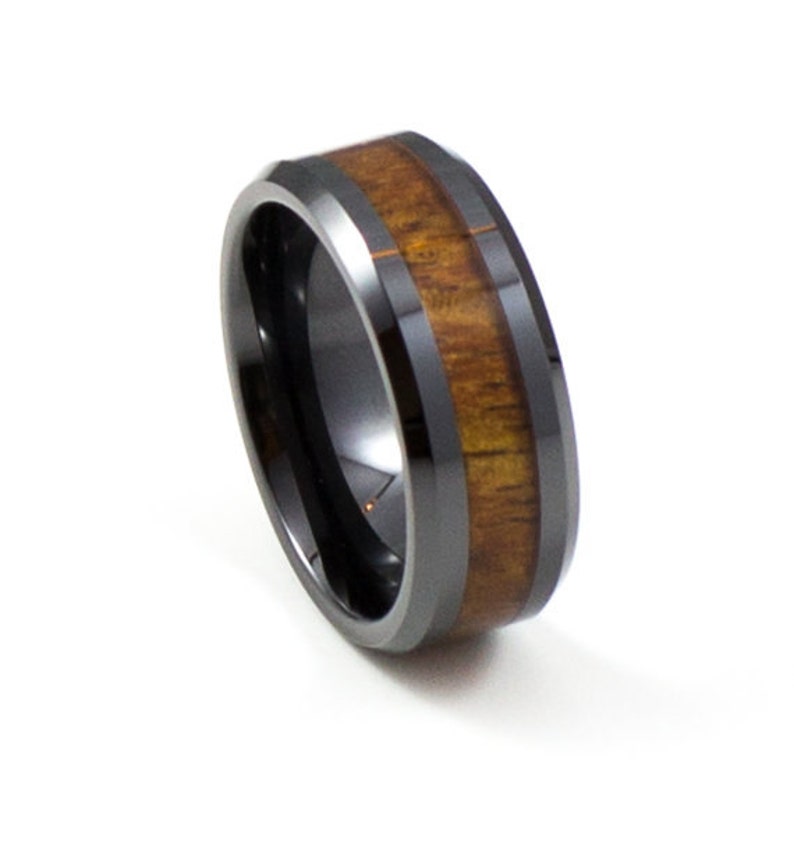 Stylish Black Koa Wood Men's Wedding Band, 8MM, Men's Ring, Black Ceramic Ring, Comfort Fit, Hawaiian Koa Wood image 1