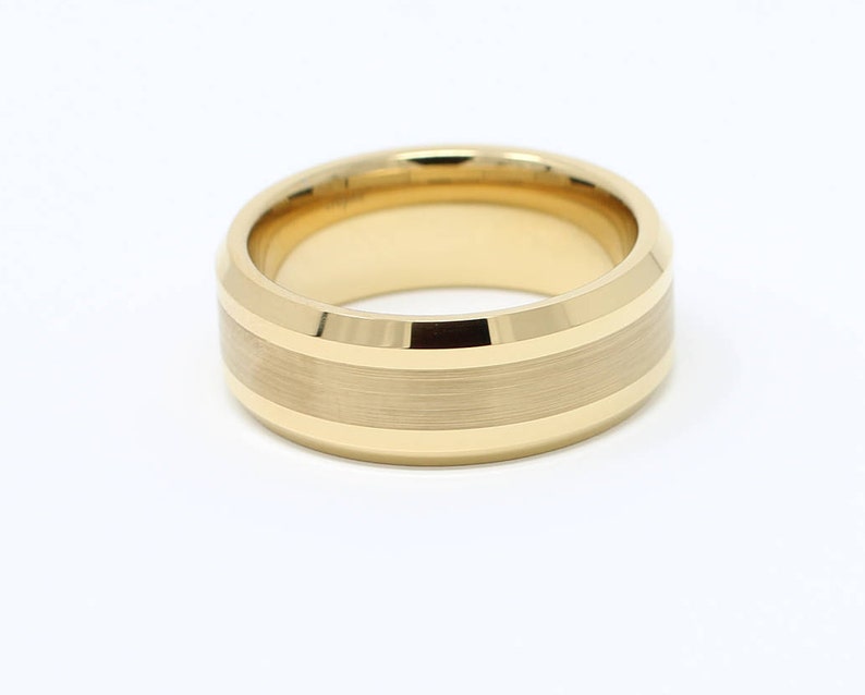 Yellow Gold Tungsten Mens Wedding Band, Satin Finish, 8MM, Free Custom Engraving, Comfort Fit Design, Sizes 7-14 image 2