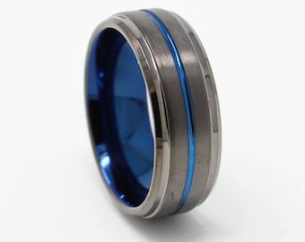 Gunmetal Tungsten Wedding Band, Blue and Black Finish, 8MM Width, Comfort Fit, Free Engraving, Anniversary Gift,  Sizes 7-13