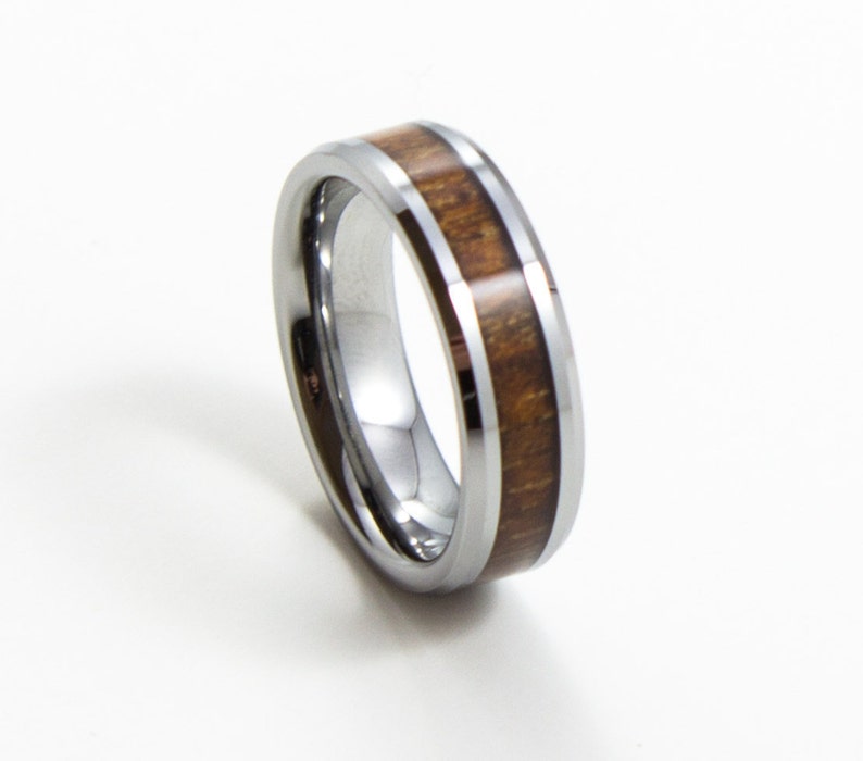 Elegant Koa Wood, Thin Men's Wedding Band, 6MM, Men's Ring, Tungsten Carbide Ring, Wood Inlay, Sizes 5-13 image 1