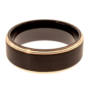 Black and Rose Gold Tungsten Wedding Band, Beveled Edges, 8MM, Free Custom Engraving, Comfort Fit, SIzes 7-13 image 2