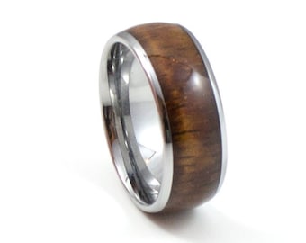 Hawaiian Koa Wood Men&#39;s Wedding Band, 8MM, Men&#39;s Ring, Tungsten Carbide Ring, Lightweight, Comfort Fit