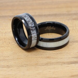 Black Tungsten Wedding Band, Real Deer Antler Inlay, Mens Personalized Ring, Free Custom Engraving, 8MM Black Ring, Comfort Fit image 3