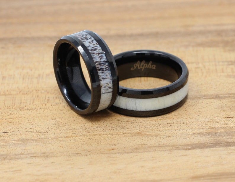 Black Tungsten Wedding Band, Real Deer Antler Inlay, Mens Personalized Ring, Free Custom Engraving, 8MM Black Ring, Comfort Fit image 3