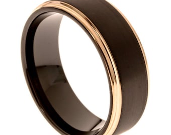 Black and Rose Gold Tungsten Wedding Band, Beveled Edges, 8MM, Free Custom Engraving, Comfort Fit, SIzes 7-13