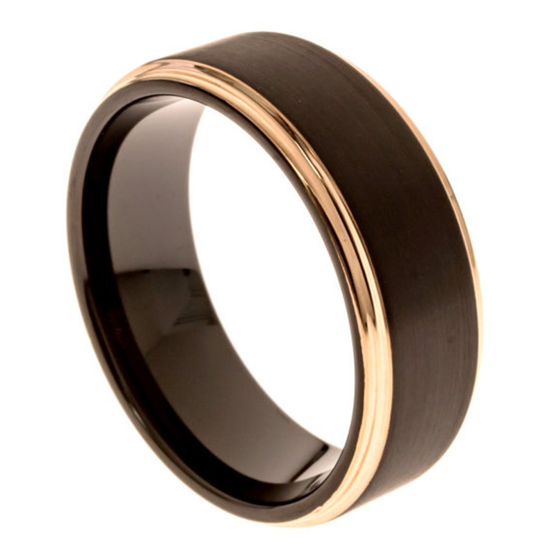 Black and Rose Gold Tungsten Wedding Band, Beveled Edges, 8MM, Free Custom Engraving, Comfort Fit, SIzes 7-13 image 1