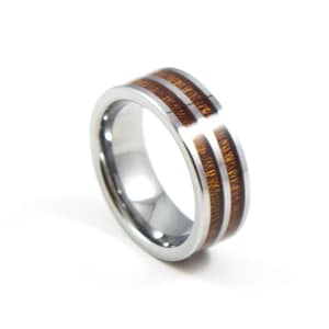 Double Band Red Wood Inlay Men&#39;s Tungsten Wedding Ring, 8MM, Comfort Fit, Wood Ring, Sizes 7-12