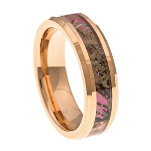 Dames roze CAMO Promise Ring, Rose goud wolfraam, dunne 6MM Tungsten engagement, verjaardag, Wedding Band, afgeschuinde randen, comfort fit