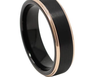 Rose Gold and Black 6MM Men's Tungsten Wedding Band, Thin Tungsten Ring, Anniversary Gift, Comfort Fit, Sizes 6-13