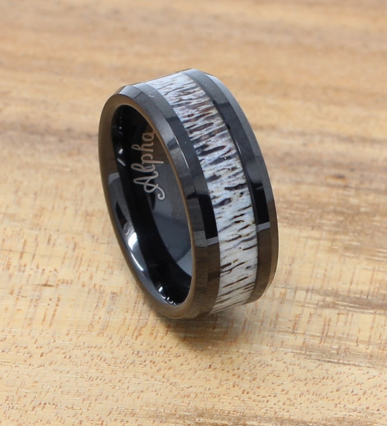Black Tungsten Wedding Band, Real Deer Antler Inlay, Mens Personalized Ring, Free Custom Engraving, 8MM Black Ring, Comfort Fit image 1