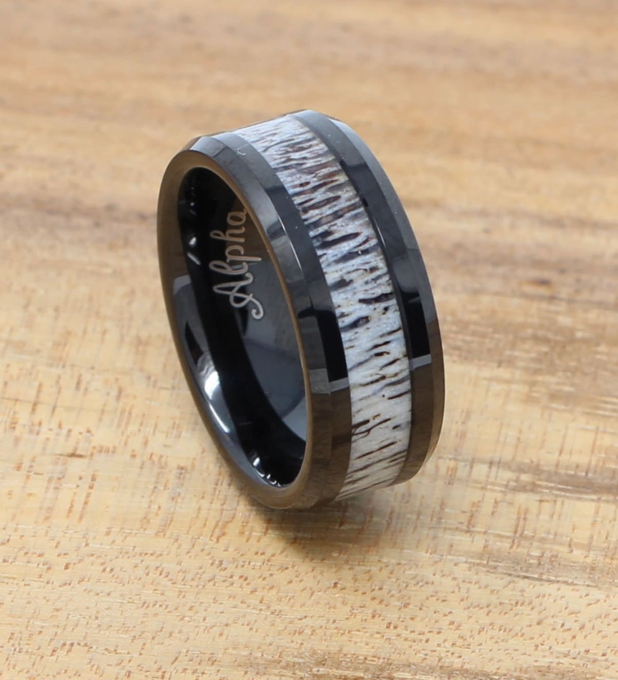 Black Tungsten Wedding Band, Real Deer Antler Inlay, Mens Personalized Ring, Free Custom Engraving, 8MM Black Ring, Comfort Fit