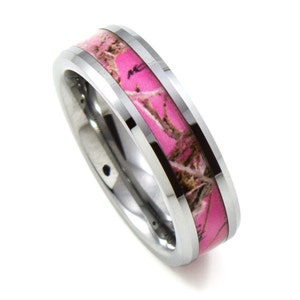 Ladies Pink CAMO Thin 6MM Tungsten Band, Beveled Edges, Promise Ring, Anniversary, Wedding Band, Comfort Fit Pink Ring