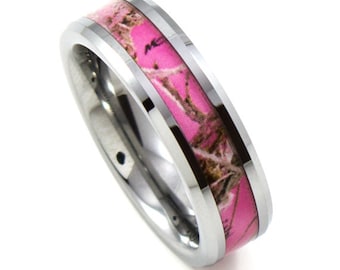 Ladies Pink CAMO Thin 6MM Tungsten Band, Beveled Edges, Promise Ring, Anniversary, Wedding Band, Comfort Fit Pink Ring