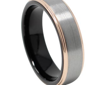 Silver & Rose Gold 6MM Men's Wedding Band, Tungsten Carbide Ring, Comfort Fit Design, Free Engraving, US Size 6-13