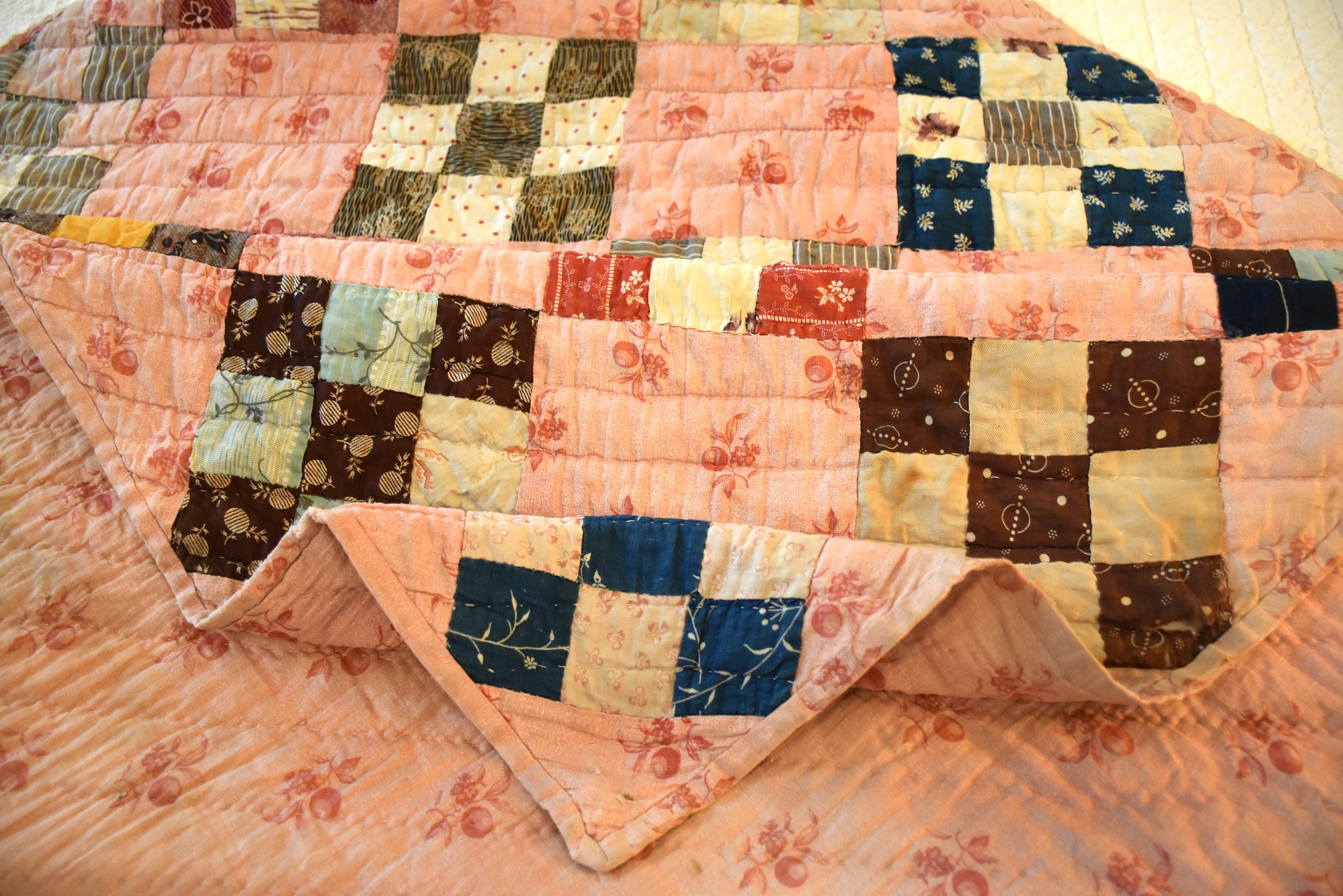 Antique Crib Quilt Nine Patch in Pinks Indigo Florals and Etsy