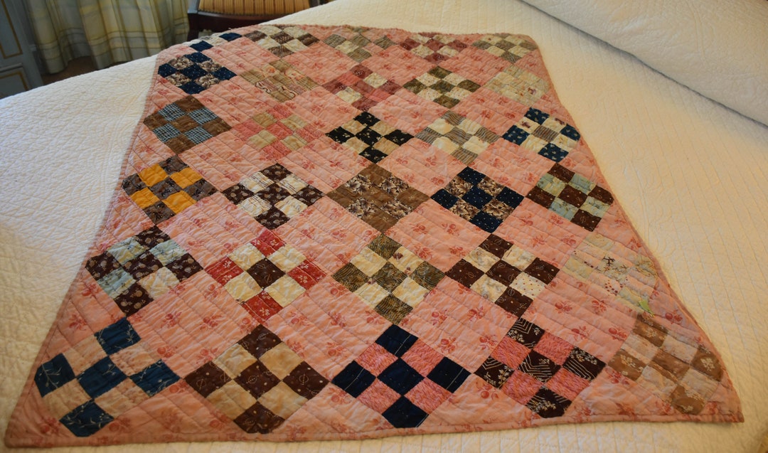 Antique Crib Quilt Nine Patch in Pinks Indigo Florals and Etsy
