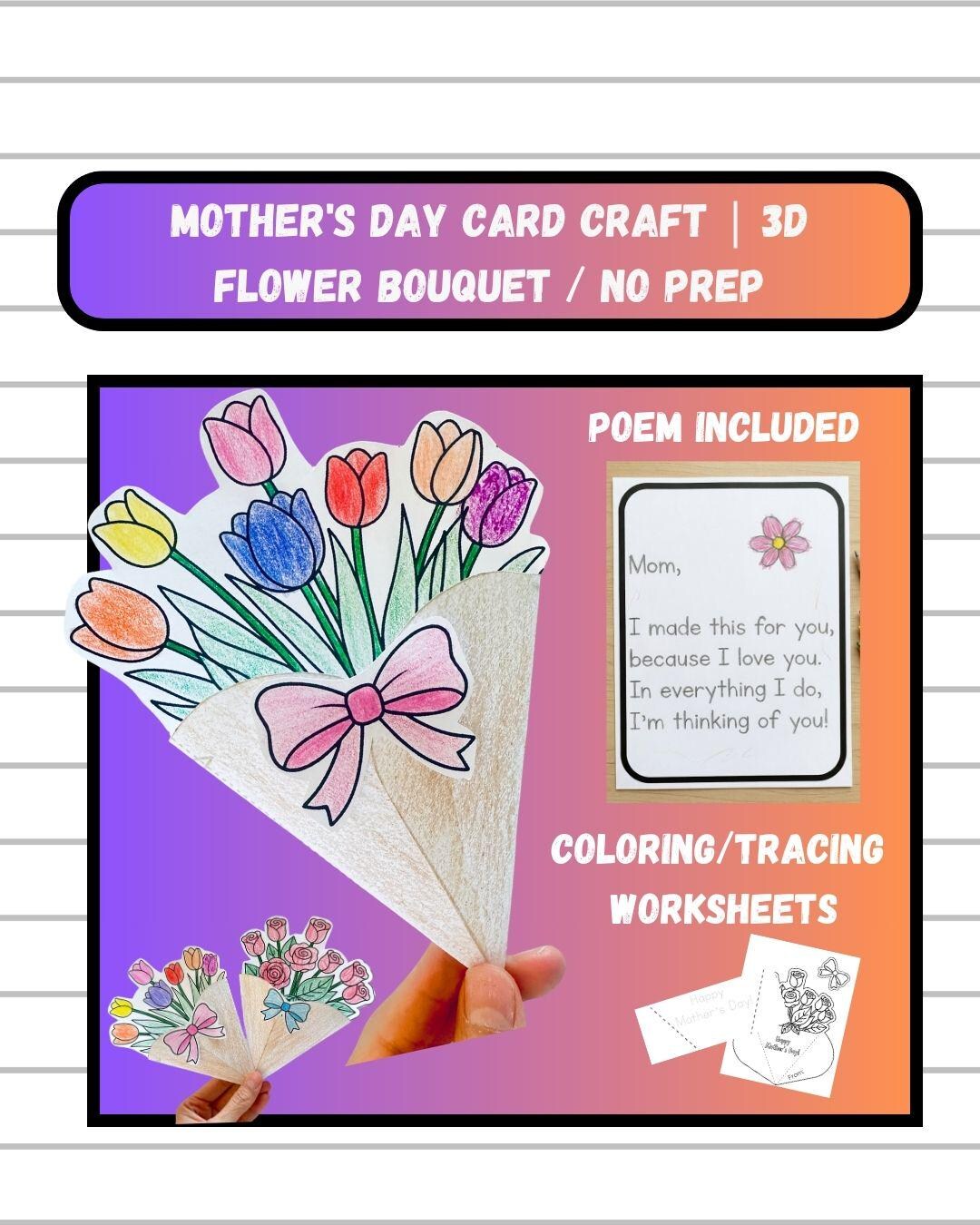Mother's Day Card Craft | 3D Flower Bouquet | Poem, Tracing & Coloring ...