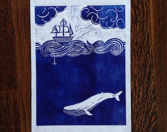 deep blue sea 9x12 linocut print