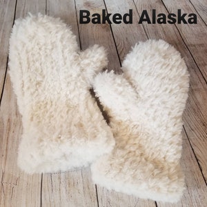 Faux Fur knit mittens - soft and luxurious loom knit mittens. &quot;Baked Alaska&quot; (White)