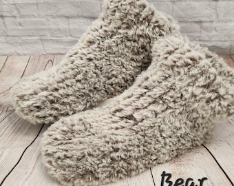Knit Slipper Socks - Faux Fur - Super soft! Bear (teddy bear brown)  - Great gift for a holiday or birthday gift! Women&#39;s slipper socks