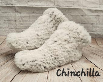 Loom Knit Slipper Socks - Faux Fur - Super soft! Chinchilla (snowy white w/dark grey undertones) -Great gift for a holiday or birthday gift!