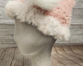 Santa Hat - Faux Fur Loom Knit Santa Claus Hat in Pink Poodle (light pink) - Perfect for Christmas! Great for the whole family!