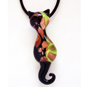 Murano Glass Green Cat Necklace Pendant, Gift for Women, 24 K Gold Leaf Design, Cat Lovers, Cat Mom Gift, Handmade, Brand New